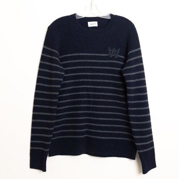 Wood Wood Wool Blend Sweater Louis Jumper Double A Navy Striped Made in Italy - Picture 3 of 14